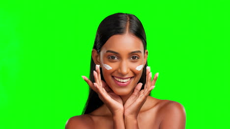 Happy-woman,-face-and-cream-on-green-screen