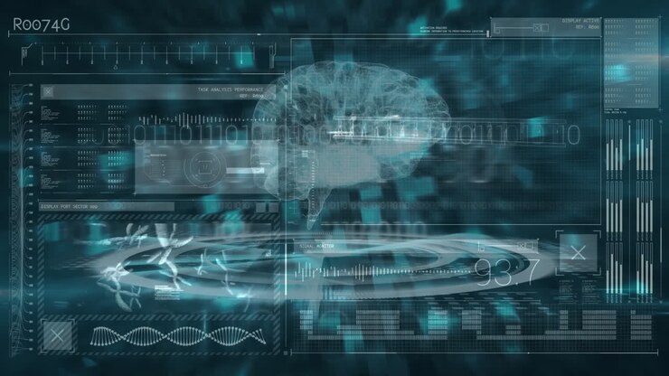 Animation of human brain, dna strand spinning and data processing
