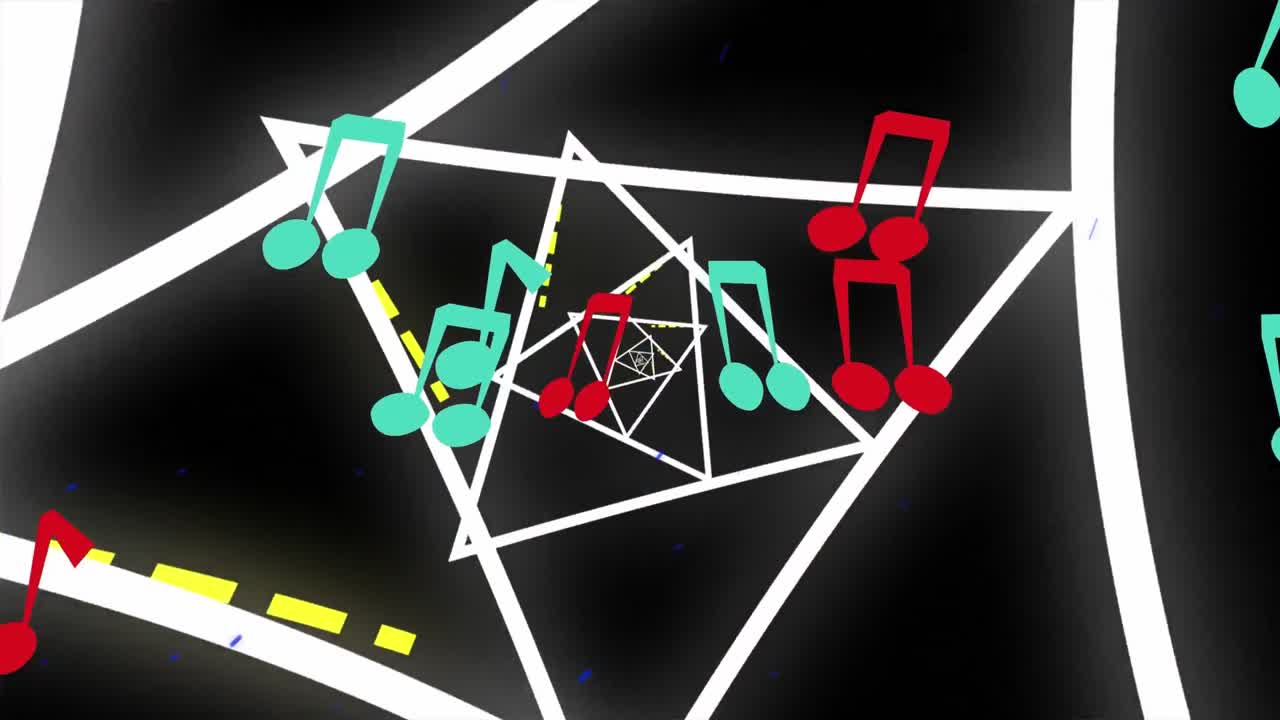 Animation of shapes and notes moving over black background
