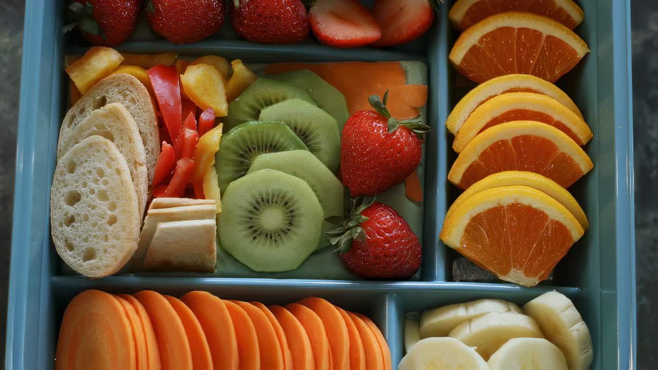 Fresh produce neatly arranged in blue lunchbox, sliced carrots, bananas, oranges, kiwi, strawberries, bell peppers, bread, creating colorful healthy meal