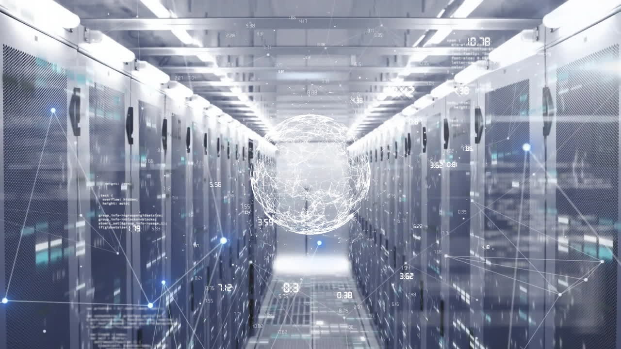 Digital globe and data processing animation over server racks in data center