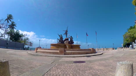 Dolly-shot-of-the-roots-fountain-at-Old-San-Juan-in-Puerto-Rico