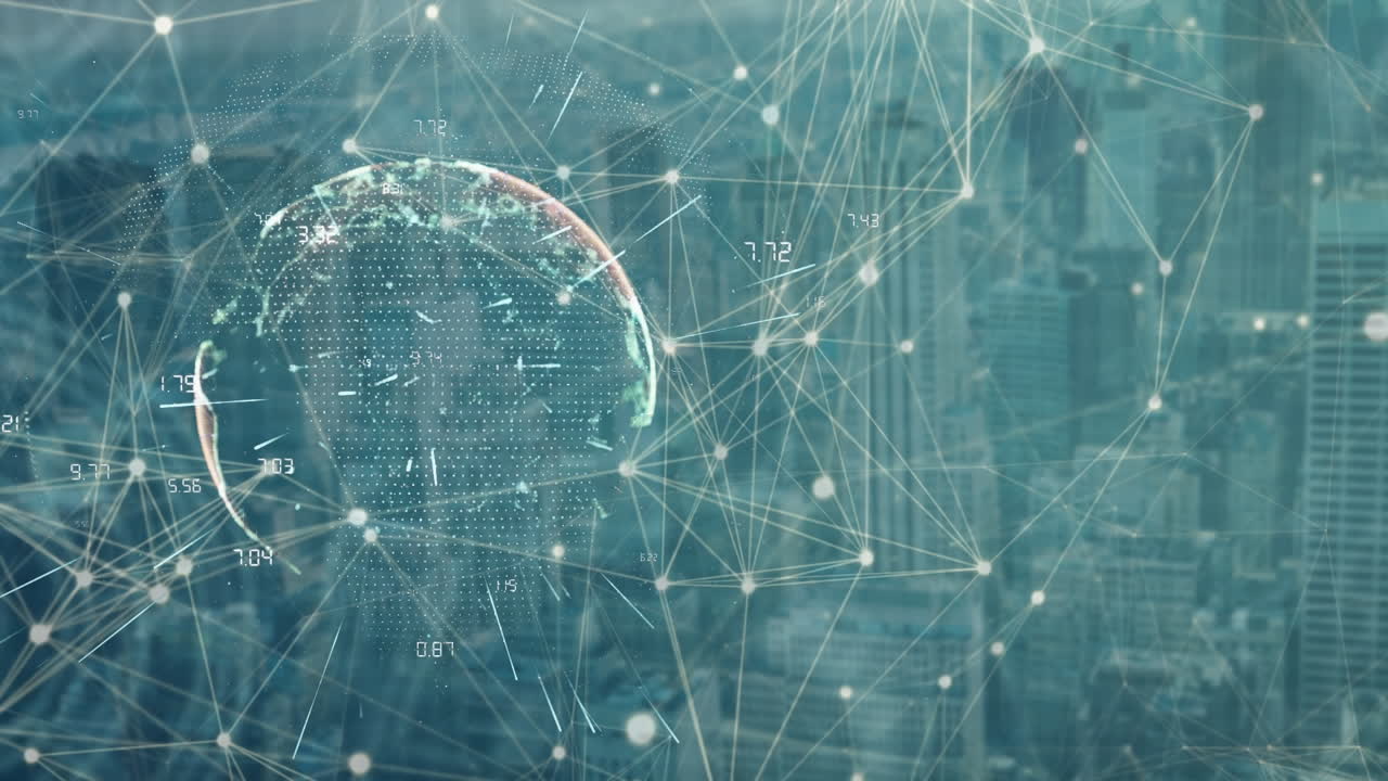 Network of connections and spinning globe against cityscape