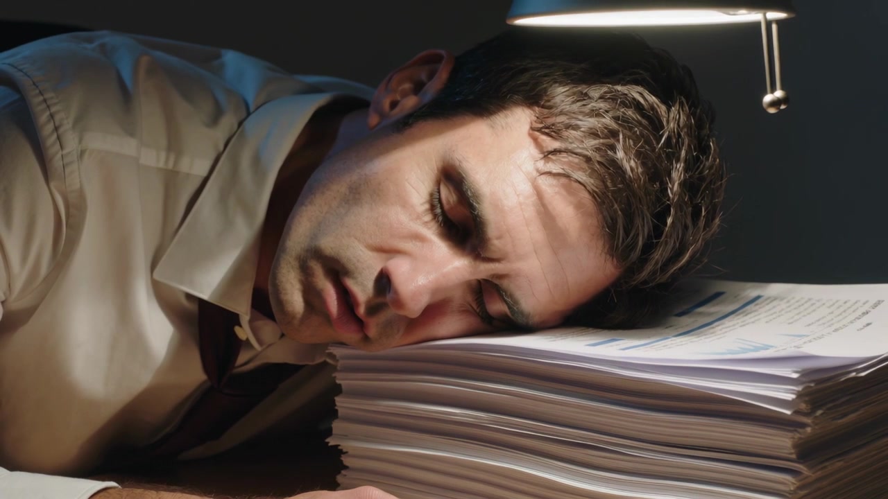 Resting from overtime man wearing loosened tie pressing head on papers at desk, lamp lighting pages