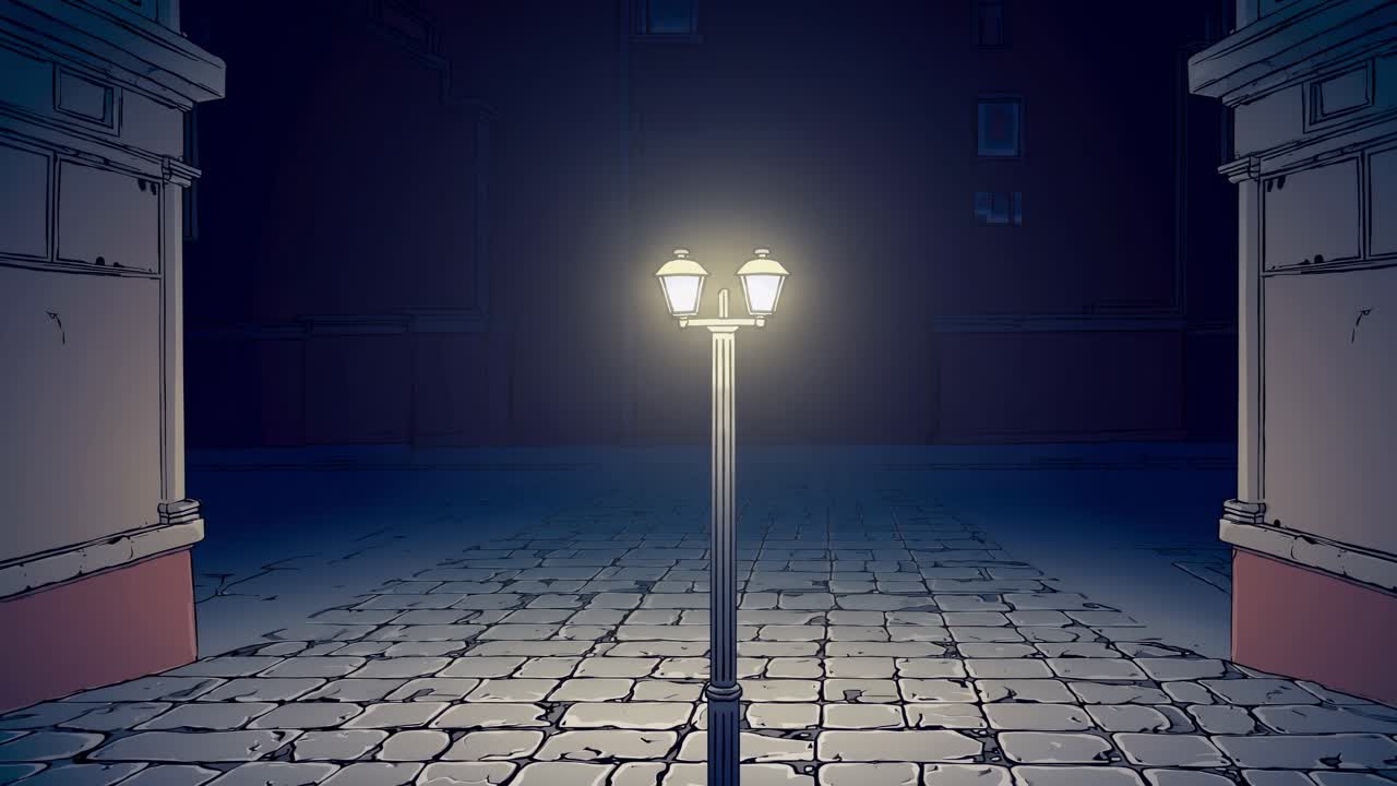 Illuminated street lamp stands in a dark alley, casting a warm glow on cobblestone pavement, creating a serene and inviting nighttime atmosphere