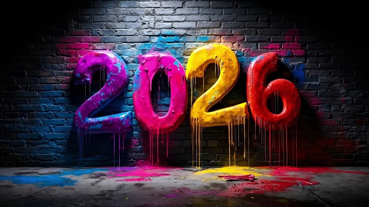 Numeri colorati Graffiti 2026 con vernice neon che gocciola