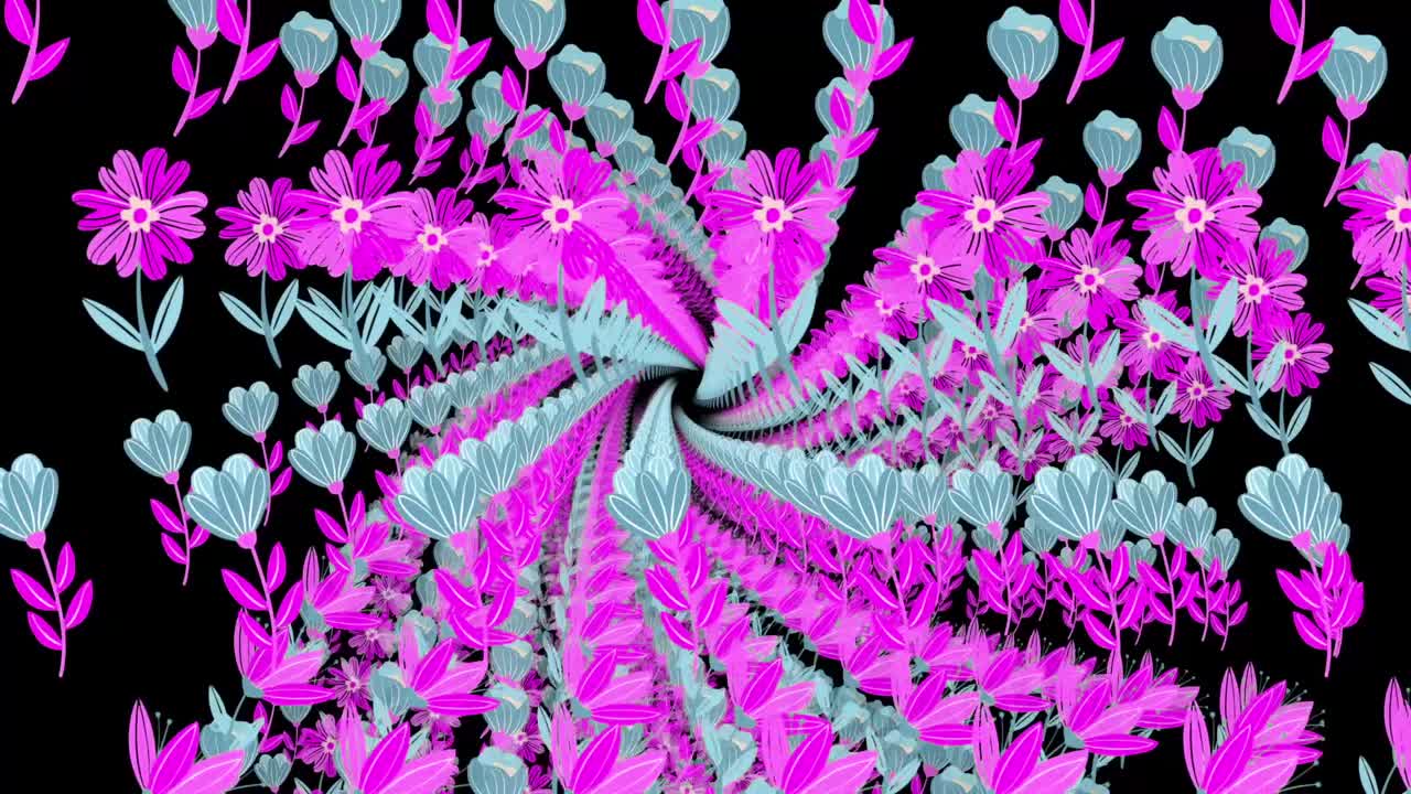 un remolino de flores rosas y azules