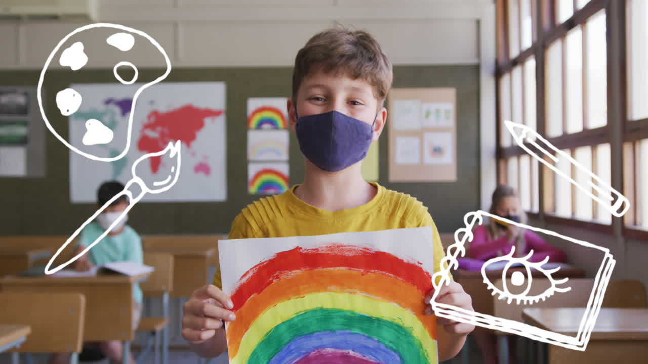 animación de objetos escolares iconos que se mueven sobre escolares que llevan máscaras faciales