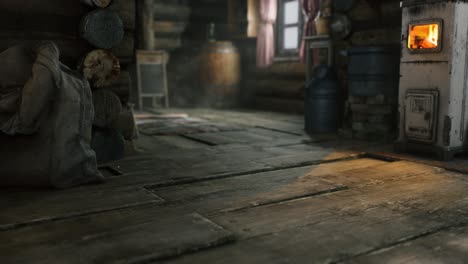 dark interior of retro log house