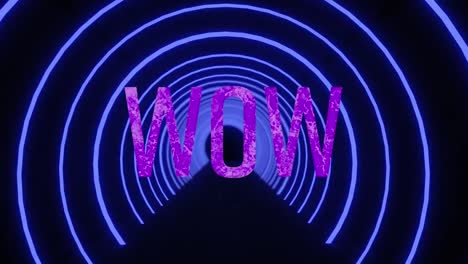 Animation-of-wow-text-over-neon-tunnel-on-black-background