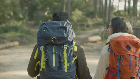 back view of young couple walking along dirt road