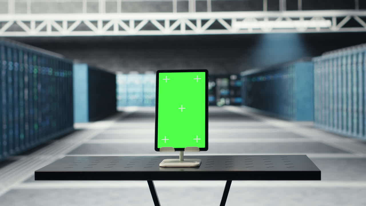 Chroma key devices in high tech data center facility with rows of server rigs