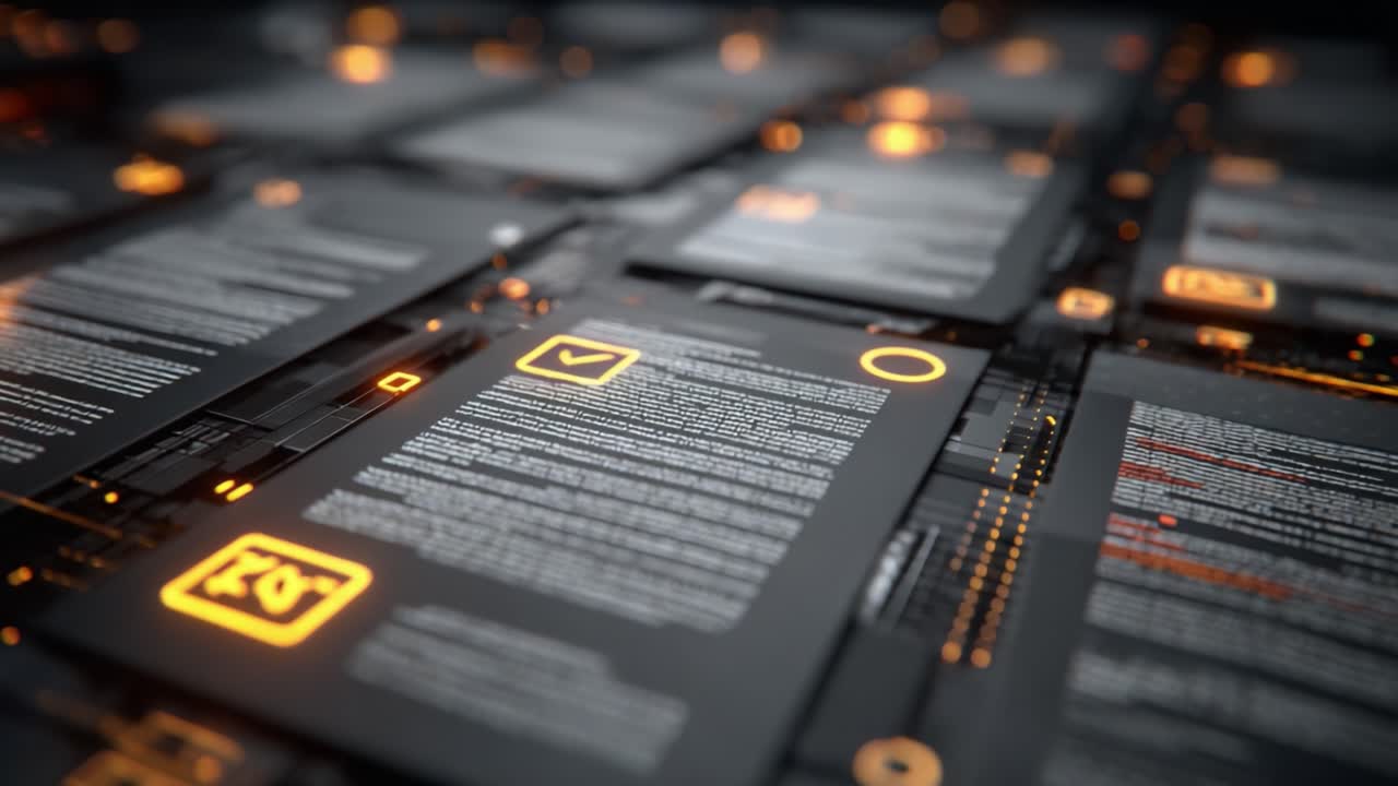 A Close-Up Perspective of Digital Documents Illuminated in an Abstract Network, Showcasing Data and Interface Elements in a Futuristic Setting