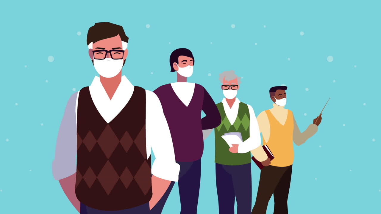 남성 교사들은 코로나19를 위해 의료 마스크를 착용하고 있습니다.