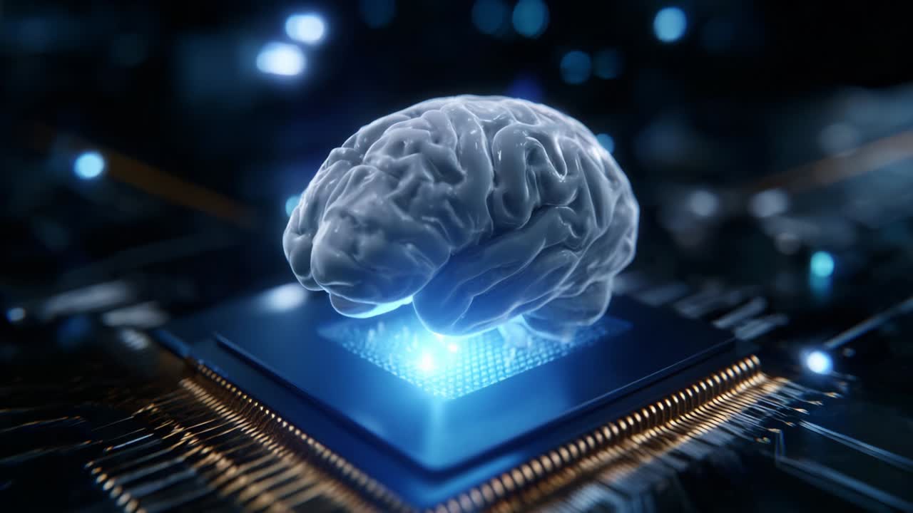 A Stunning Representation of the Human Brain Merging with Digital Technology, Showcasing the Intersection of Neuroscience and Artificial Intelligence in a Futuristic Setting