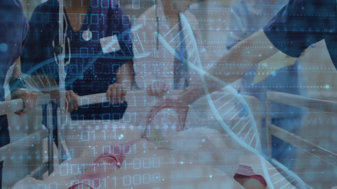 Animation of dna strands and data processing over diverse doctors and patient in hospital