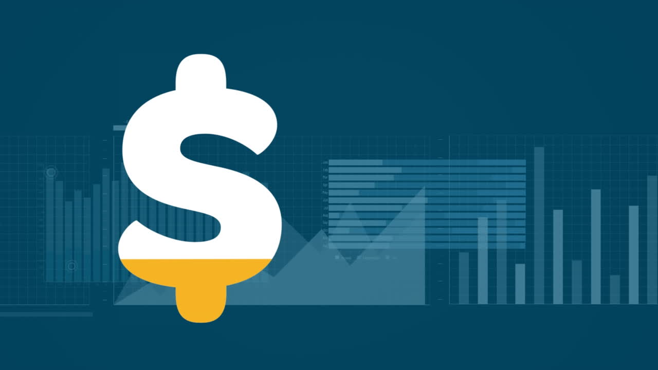 Animazione del simbolo del dollaro che si riempie e percentuale in aumento su elaborazione dati statistici.