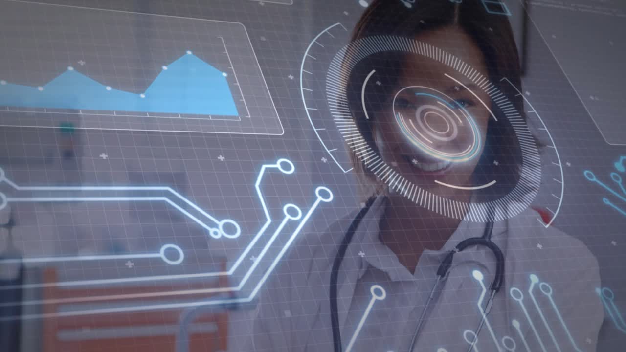 Female doctor noticing holographic interface appearing, monitoring health data pulsing line graph