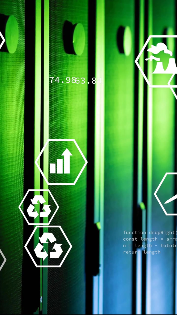 Animation of eco icons, digital data processing over computer servers