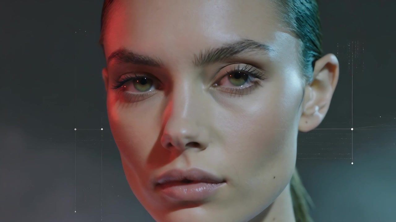 Cueing model closing then reopening eyes, turning right in studio for portrait, crosshairs