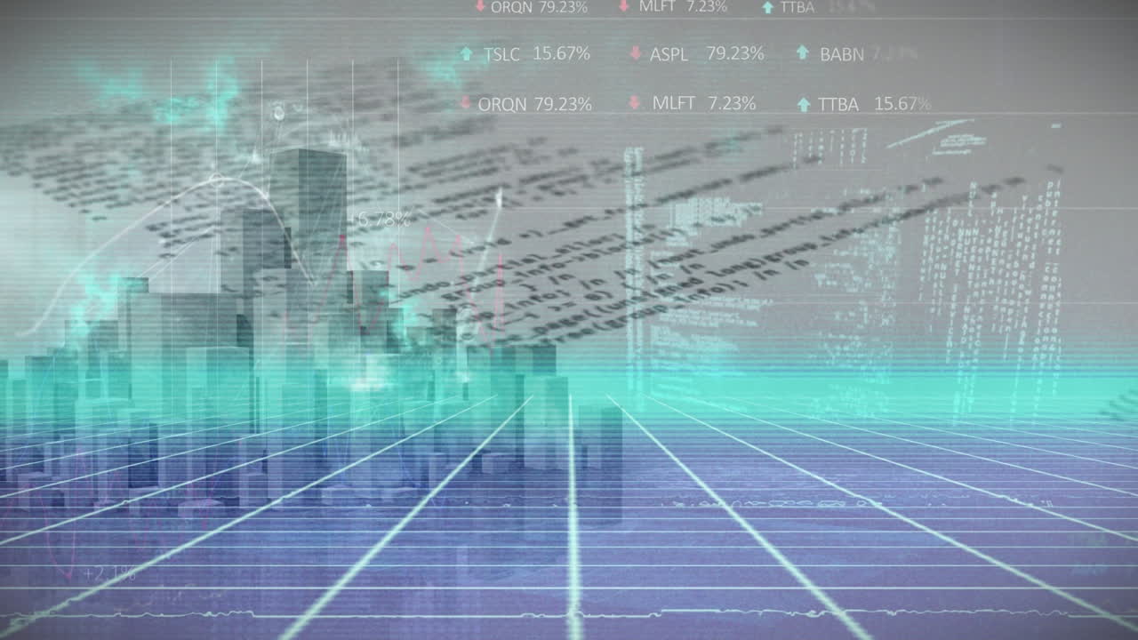 Animation of data processing over grid network against 3d cityscape model against grey background