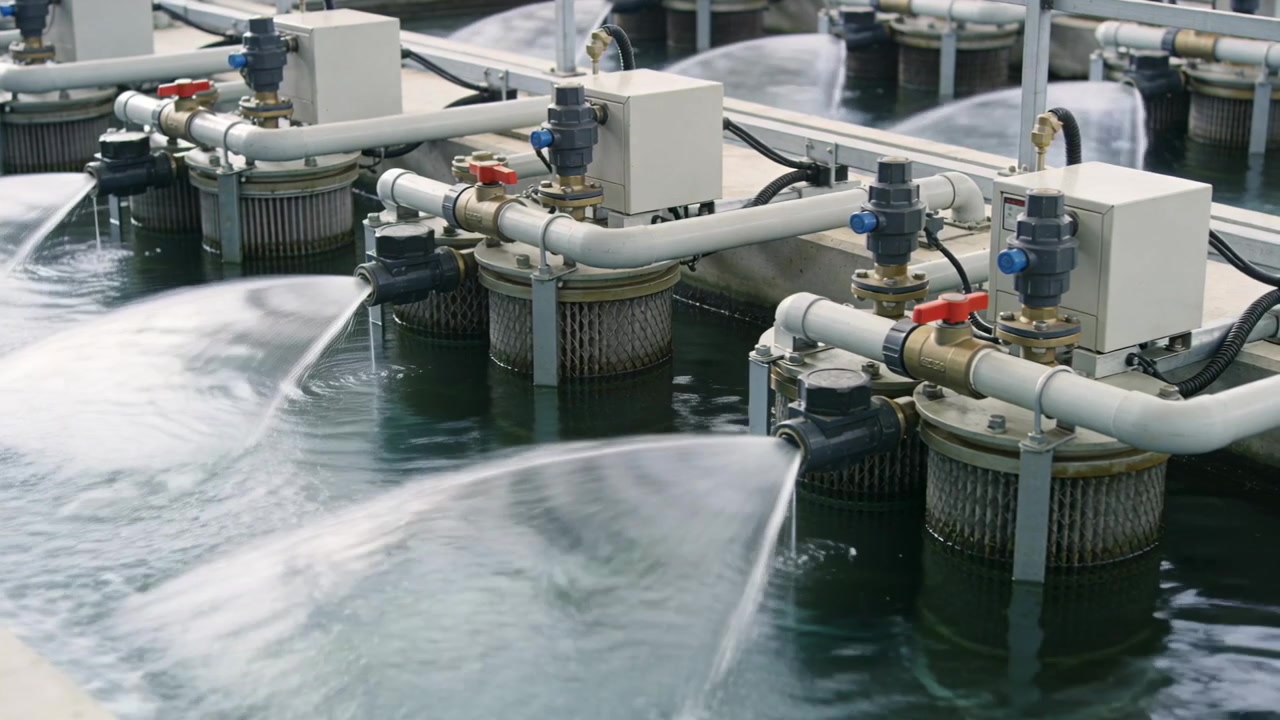 Pumpe startet, eine Reihe von Filtereinheiten stößt bogenförmige Wasserstrahlen über einen Industrietank aus, während gefiltert wird.