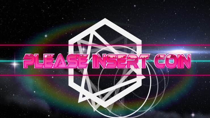 Animation of please insert coin text over white shapes
