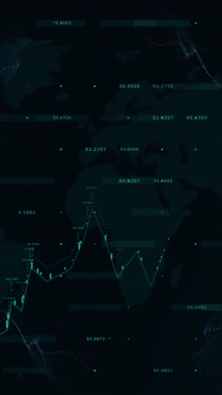 World map with fluctuating financial graph and data points animation
