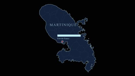 mapa estilizado azul de martinica con la capital y las coordenadas geográficas en fondo negro