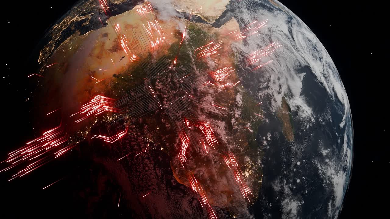 Planet Earth with visible Central and West Africa at night and glowing red digital circuit arrows in outer space. 3D render symbolizing global data transmission, cyber communication