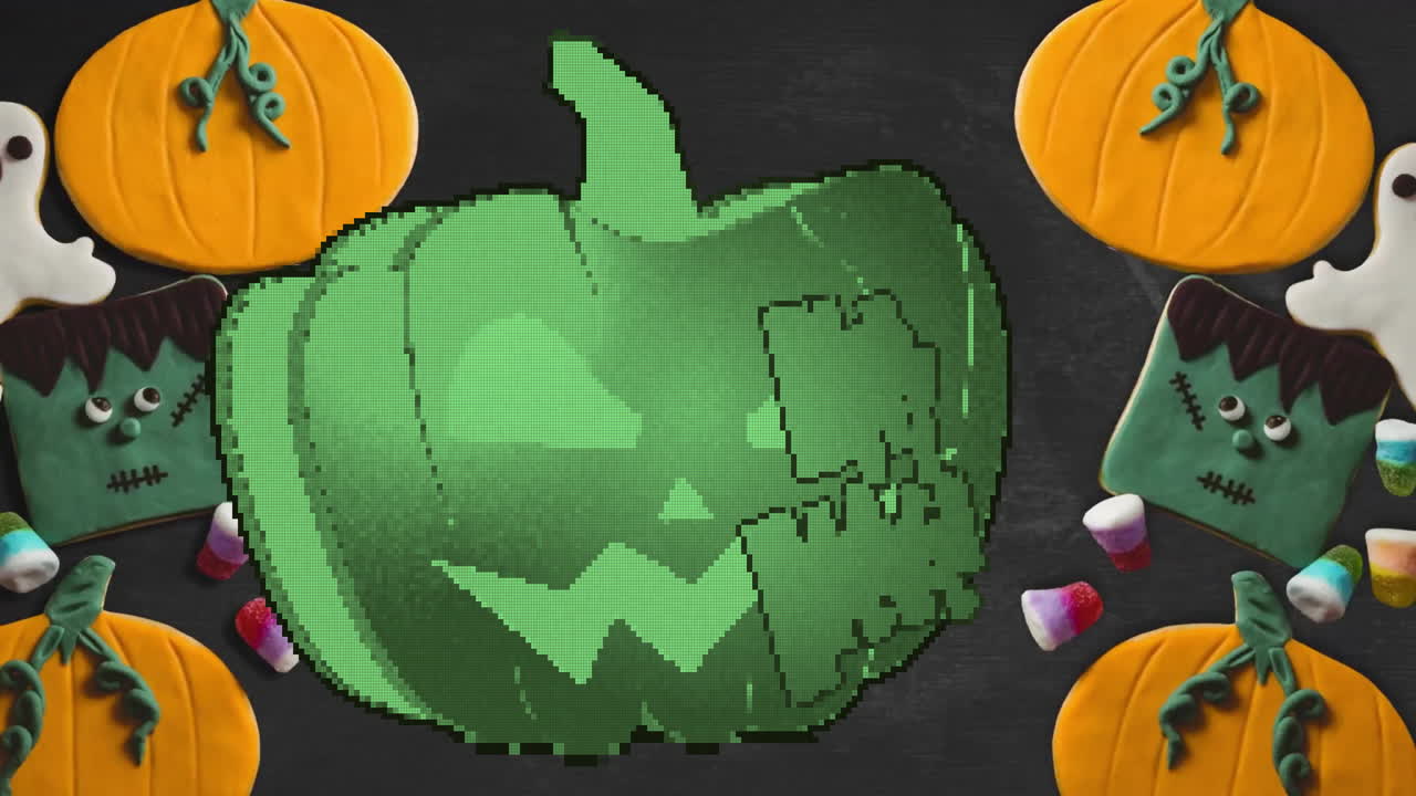 Pixelated green pumpkin animation with Halloween candies and decorations