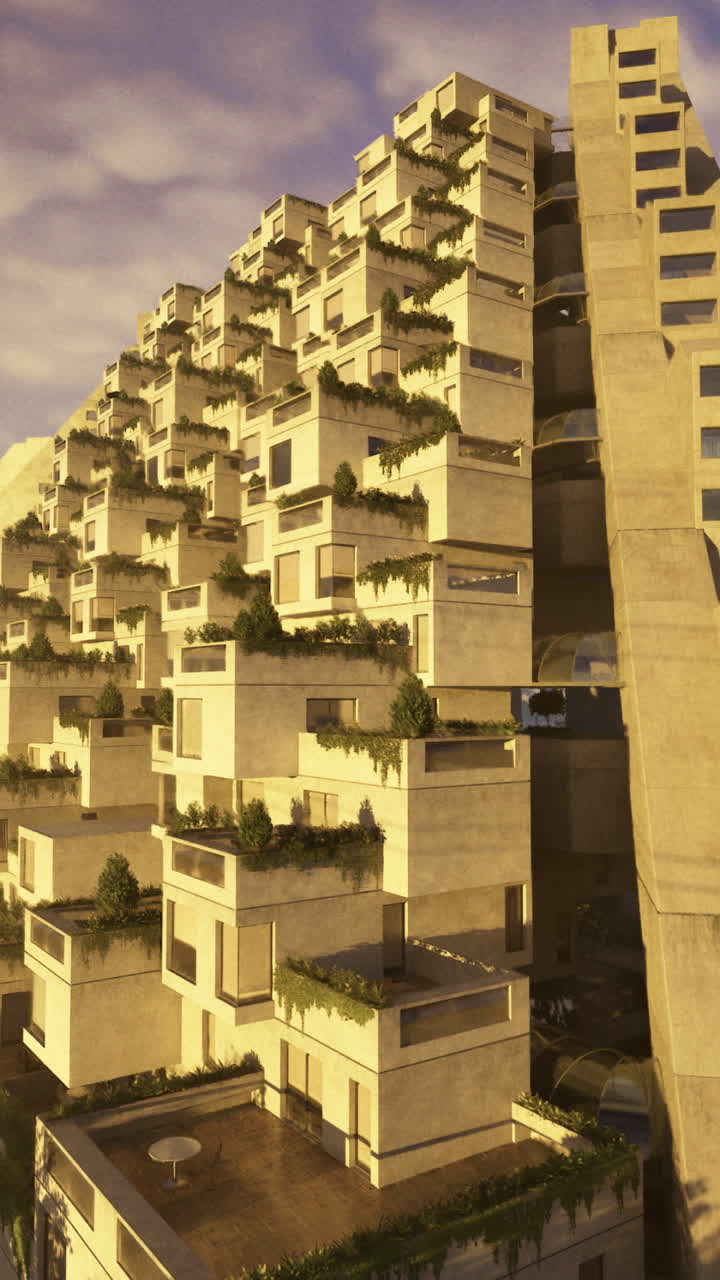 Unique architectural design in a modern urban landscape at sunset