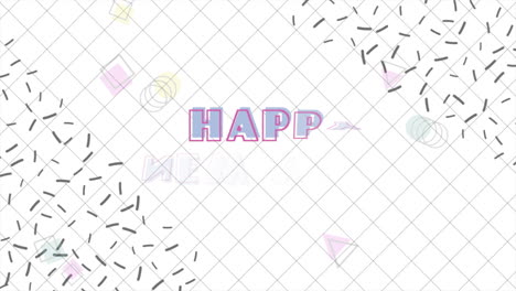 abstract happy new year text with memphis geometric pattern