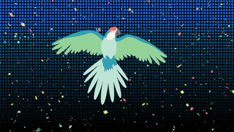 animation of flying parrot over blue grid and falling confetti on black background