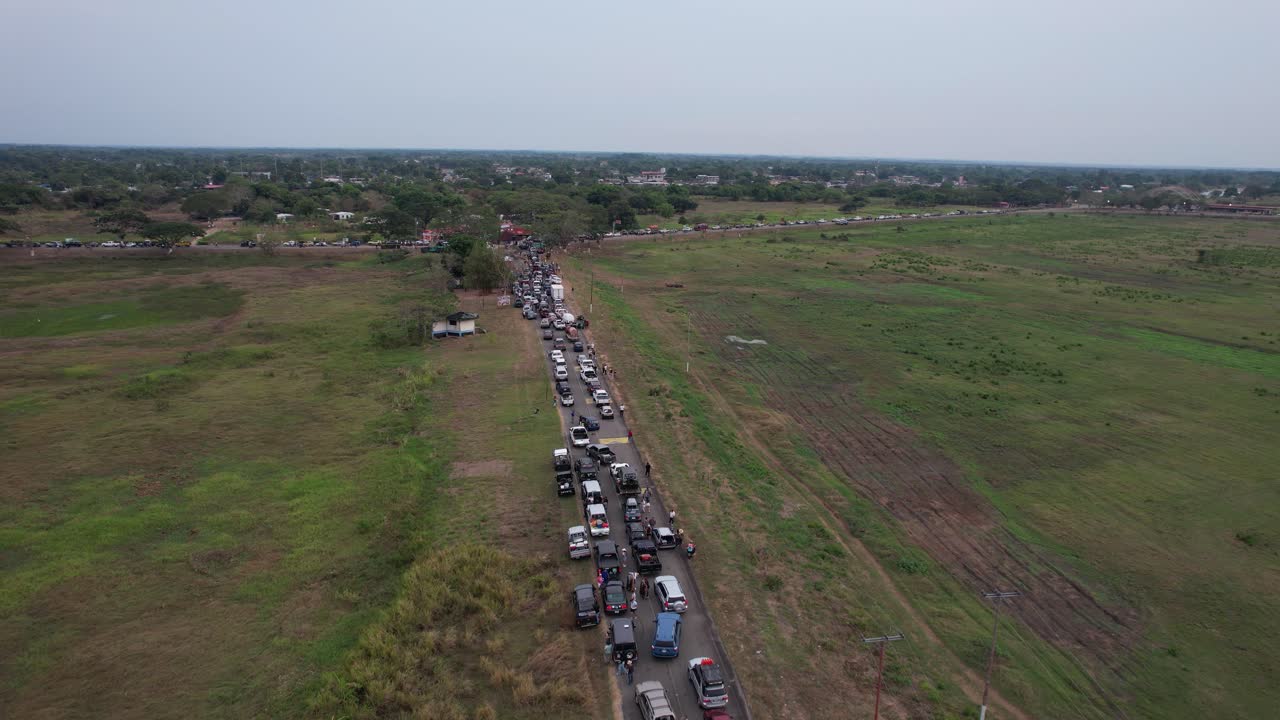 Long traffic lines form near Elorza town from March 17, 2025, aerial daylight view