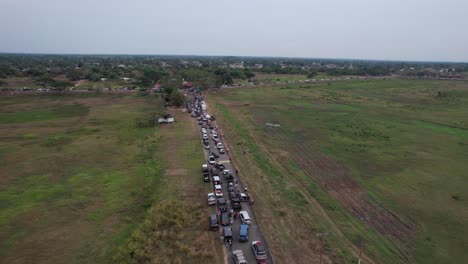 long traffic lines form near elorza town from march 17, 2025, aerial daylight view