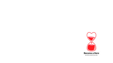 animación de convertirse en un héroe texto del día de donación de sangre con el logotipo del corazón del reloj de arena, sobre fondo blanco