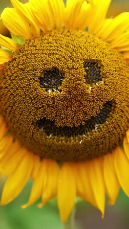 seeds seen in the holes of a sunflower. funny face made from a blooming seed flower in the agricultural field. close up. vertical video