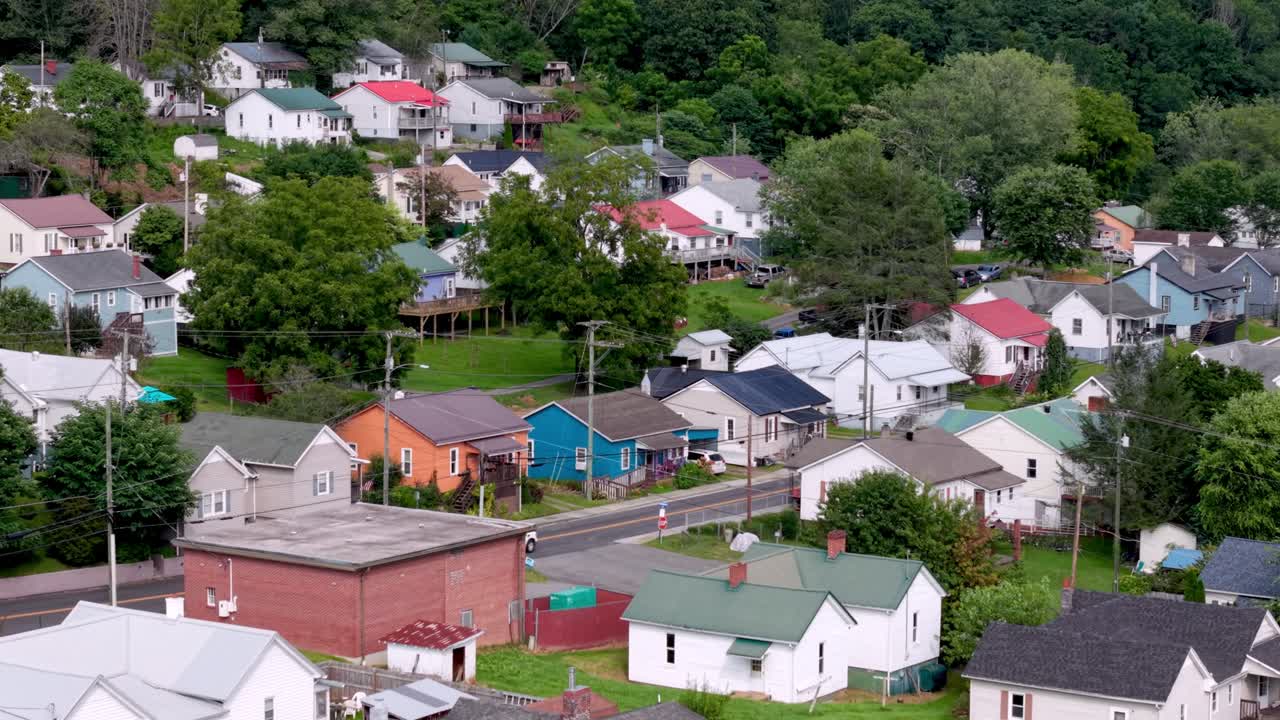 aerial push in mill houses in old textile mill town Fries Virginia