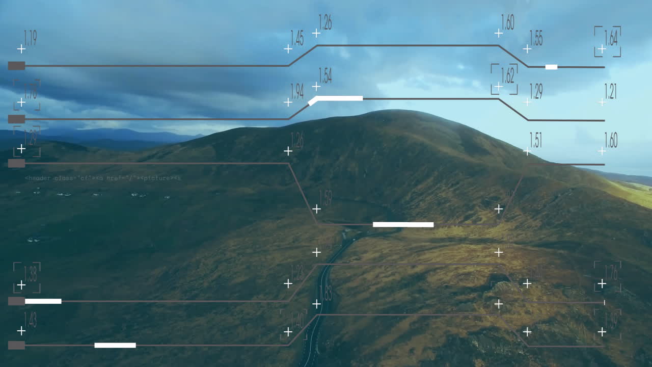 Rolling hills being visualized from aerial view, with winding road, UI markers and numeric labels