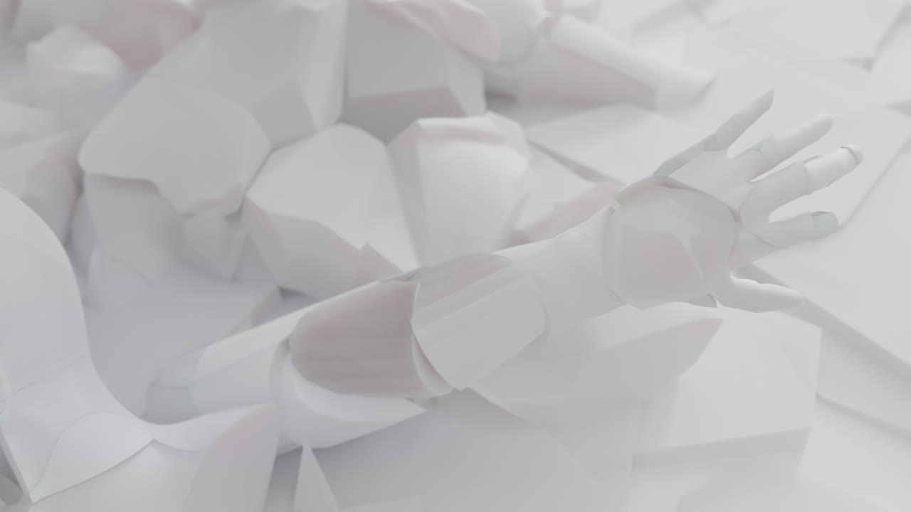 White, crushed android body parts on a foggy junkyard