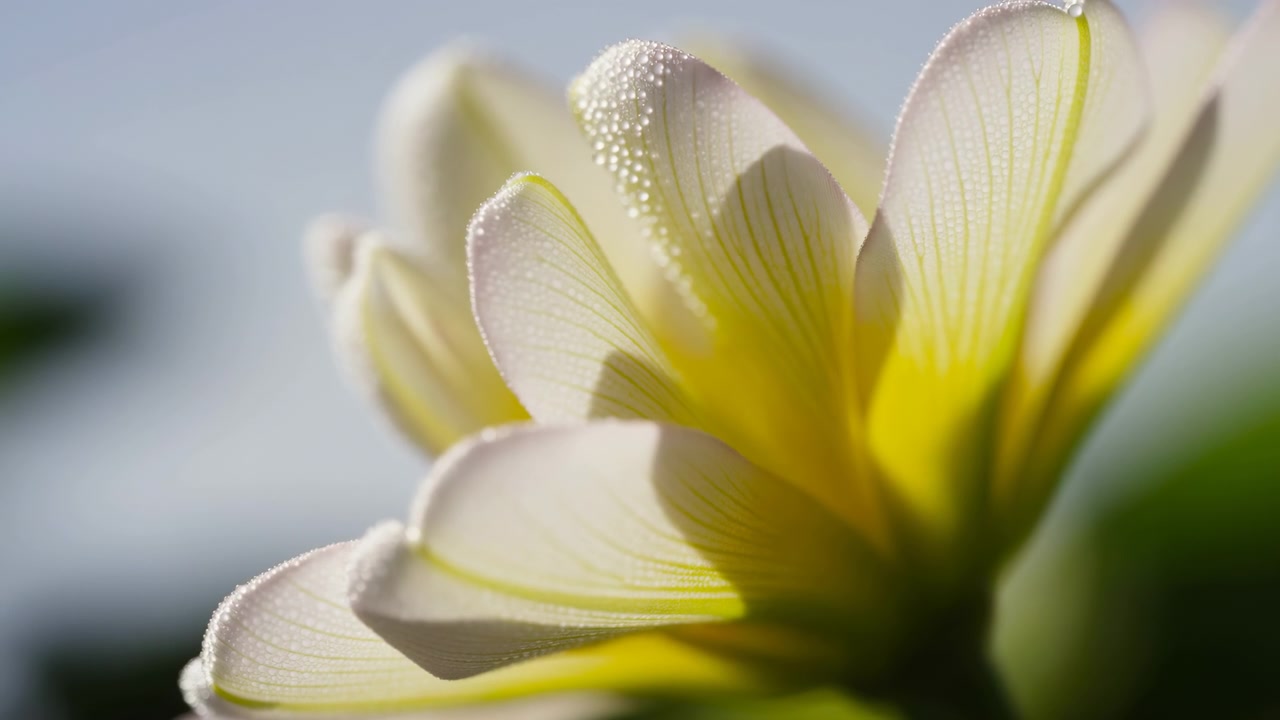Una macro ravvicinata inquadra petali luminosi bordati da minuscole goccioline d'acqua, mentre la luce del sole attraversa delicate superfici bianche e il centro giallo sopra un fogliame delicatamente sfocato.