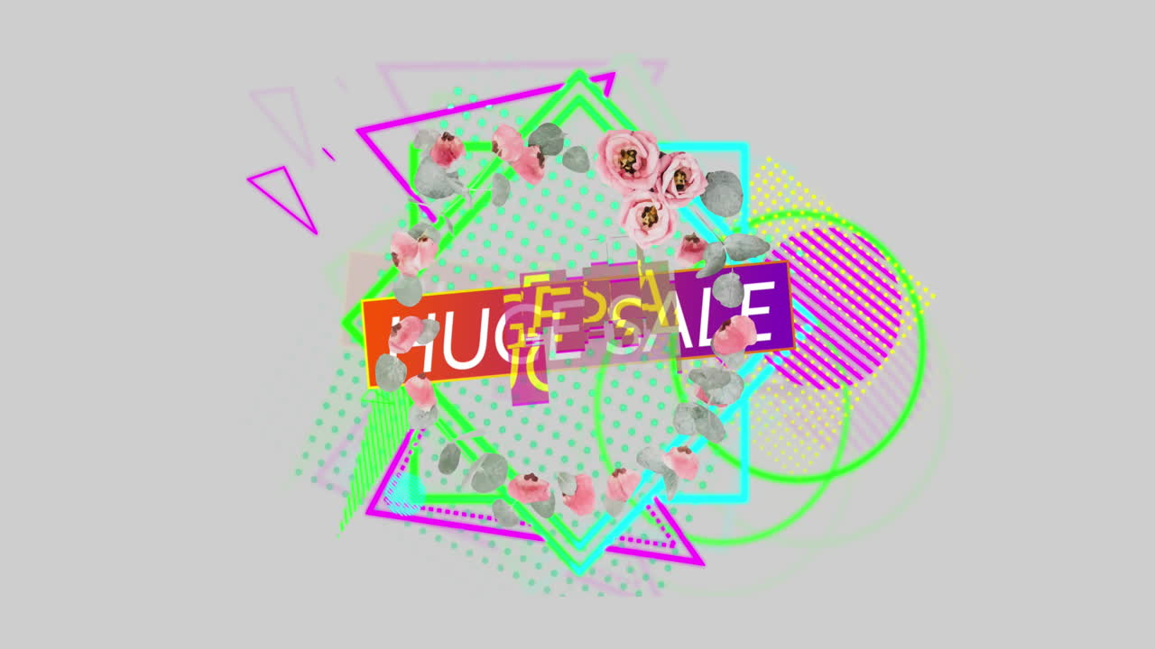 animación de un enorme texto de venta sobre formas abstractas y flores que se mueven en movimiento hipnótico
