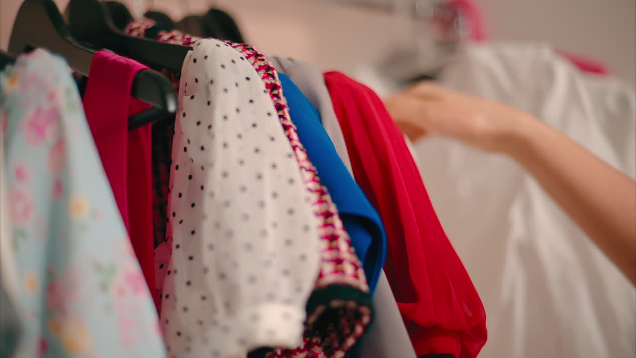 Close-up of Female Hands Plucked Hanger choosing clothes in wardrobe