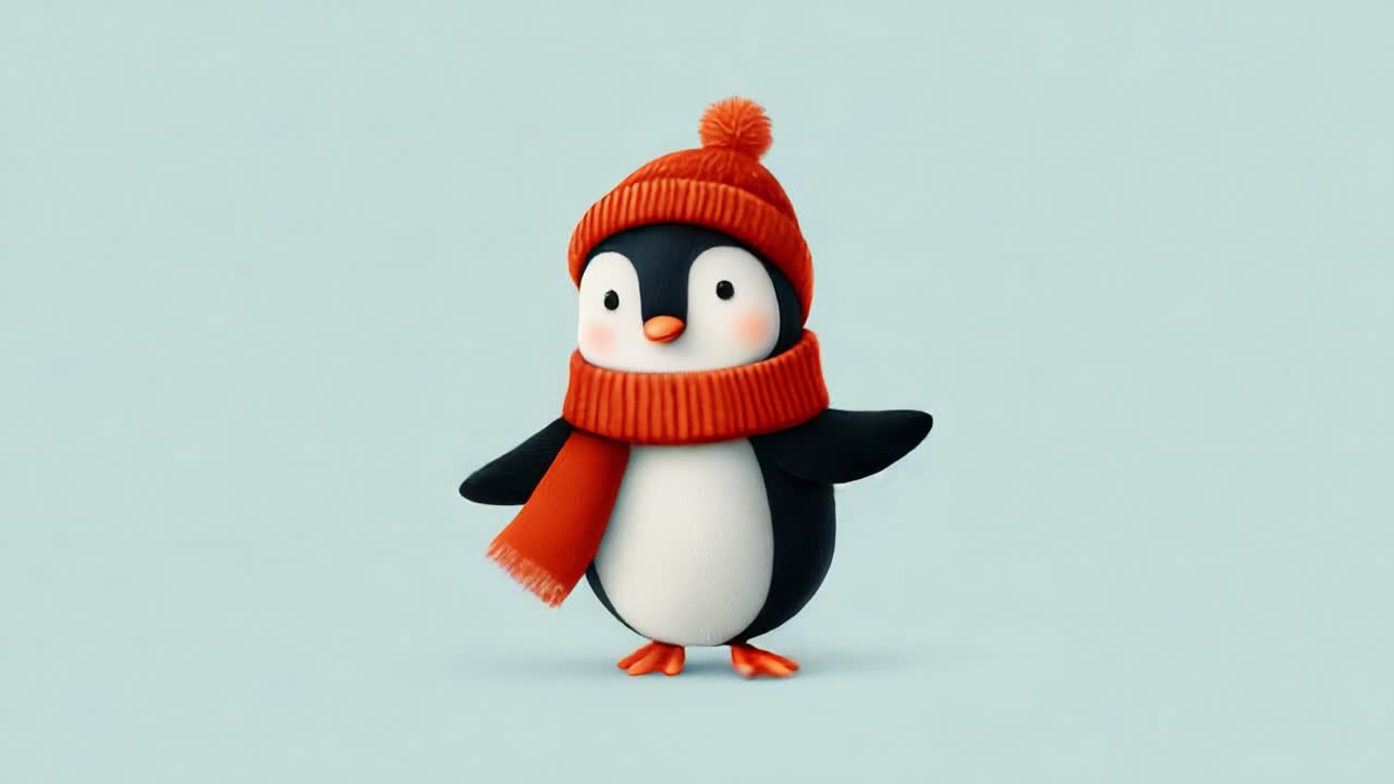 Charming Animated Penguin in Winter Attire: A Fascinating Showcase of a Cute Penguin Wearing a Bright Orange Hat and Scarf, Bringing Joy and Whimsy to the Frosty Season