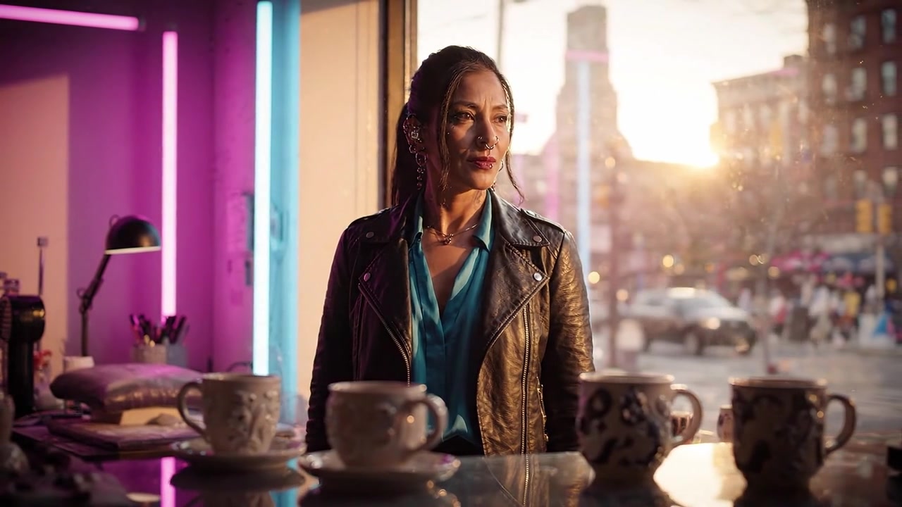 Un momento contemplativo: una donna in giacca di pelle si trova in un caffè, circondata da tazze di caffè, con un vivace tramonto sullo sfondo e la vita della città oltre la finestra