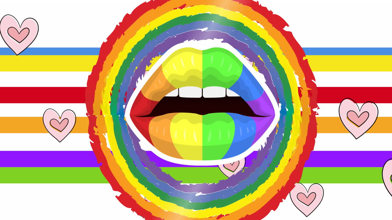 animación de labios de arco iris en círculo y corazones sobre la bandera del arco iris sobre fondo blanco