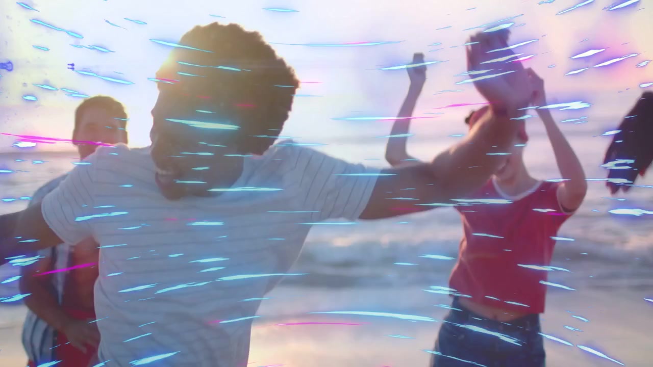 Curly man starting dance, leading group on sunset shore, light streak accenting moves for marketing