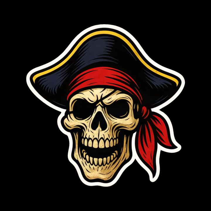 Ilustração Animada de Crânio Pirata com Mandíbula em Movimento