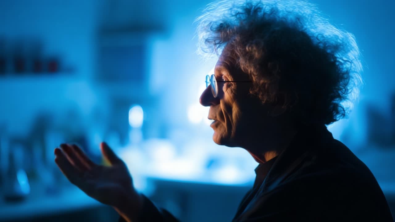 Un erudito pensieroso assorto nella riflessione, illuminato da una soffusa luce blu, che cattura l'essenza dell'introspezione e della ricerca intellettuale in un ambiente tranquillo